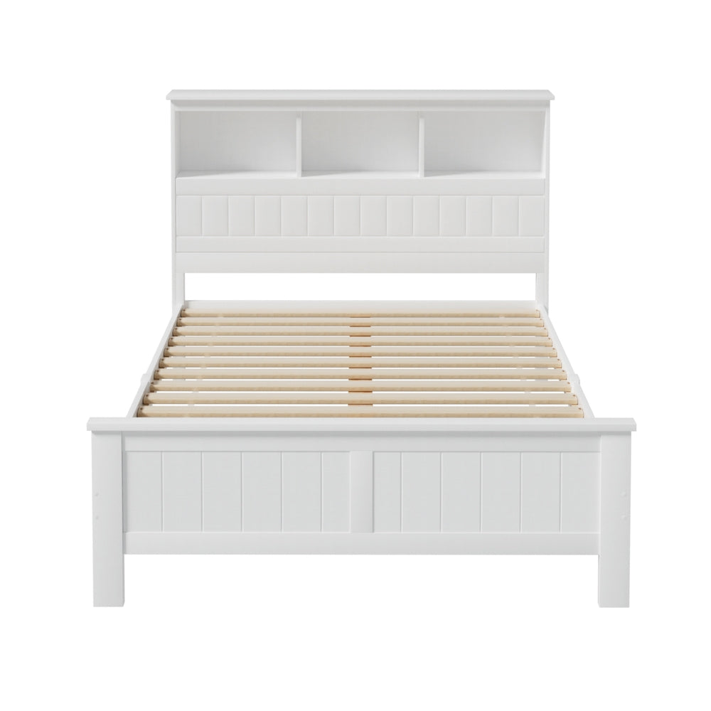 Wooden finish - Bed Frame Double Size Wooden With 3 Shelves Bed Head White