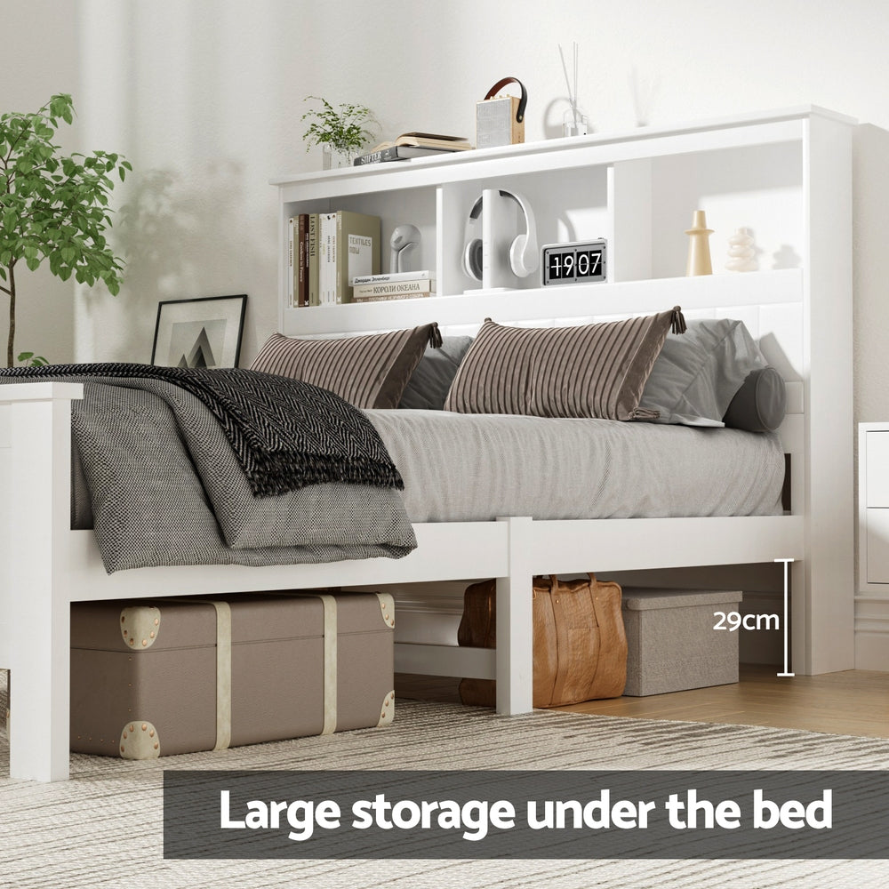 Double - Bed Frame Double Size Wooden With 3 Shelves Bed Head White
