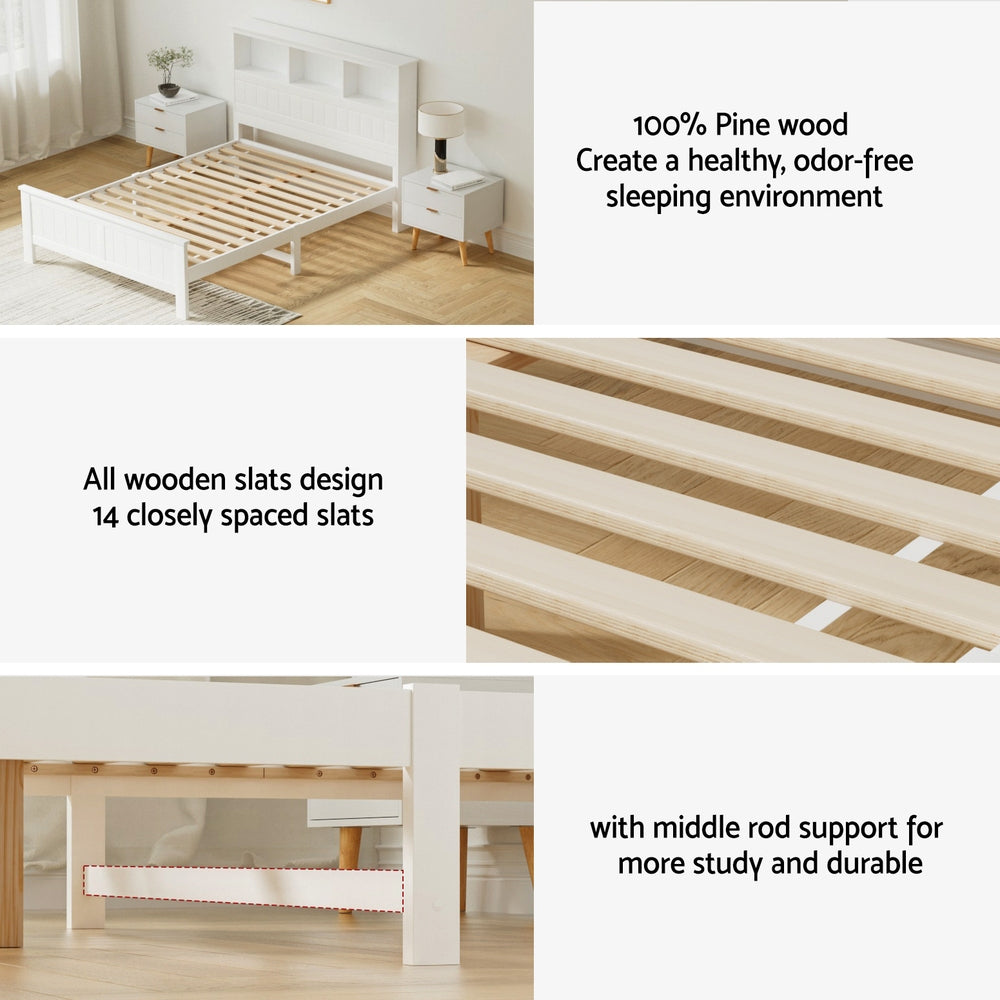 Bed Frame Double Size Wooden With 3 Shelves Bed Head White | White colour