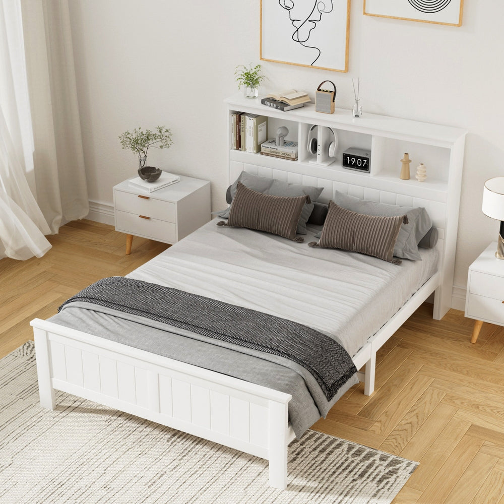 Bed Frame Double Size Wooden With 3 Shelves Bed Head White, Wooden finish