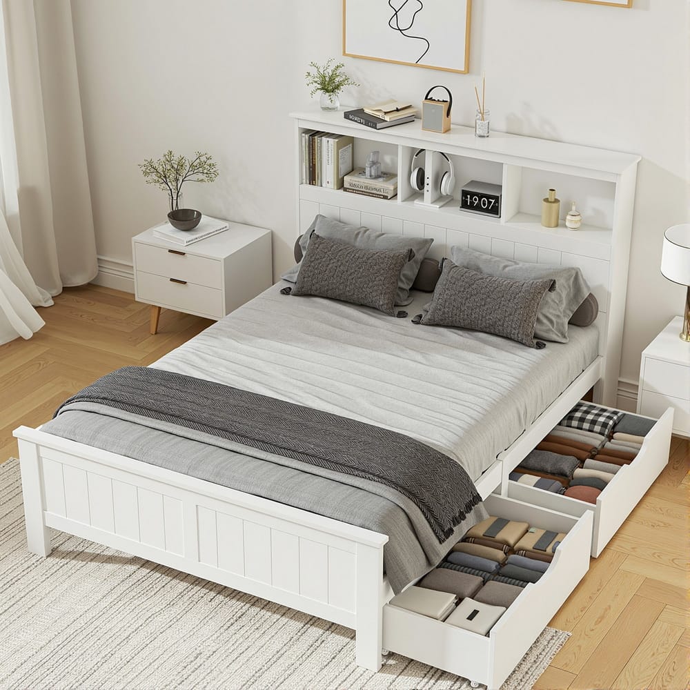 Double Bed Frame White Wooden 212x150x115cm
