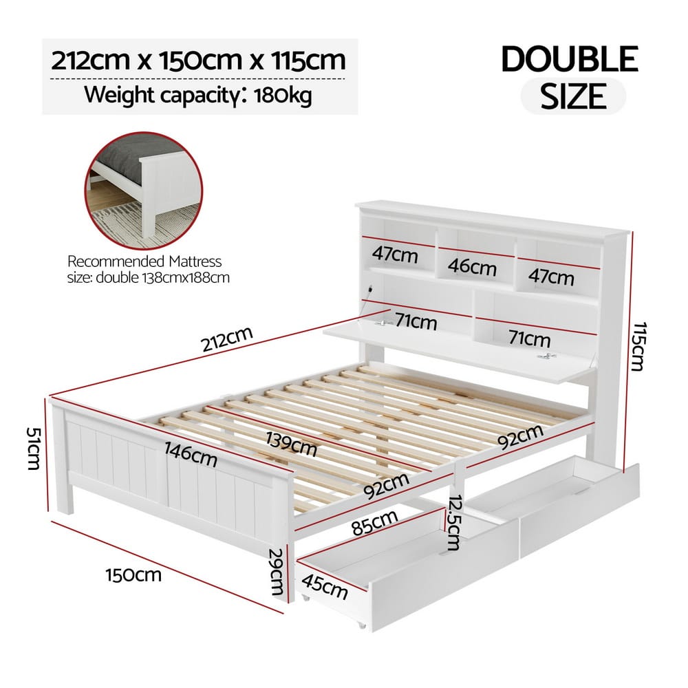 Double Bed Frame White Wooden 212x150x115cm
