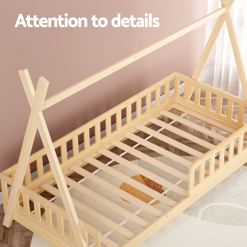 Wooden Kids House Bed Frame Oak Finish Playful Platform Design