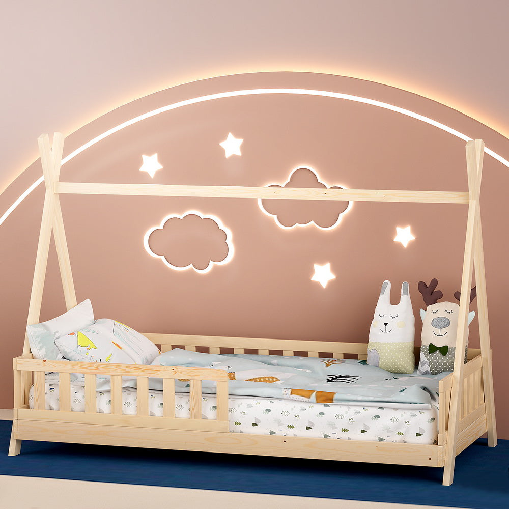 Wooden Kids House Bed Frame Oak Finish Playful Platform Design