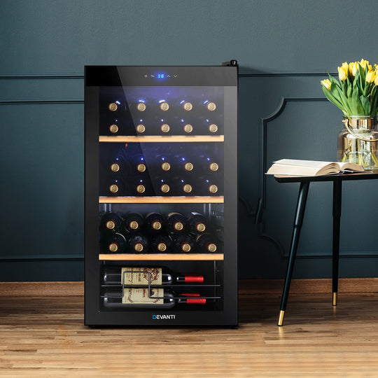 34 Bottle Wine Fridge Cooler Compact Wine Storage Mini Refrigerator - Devanti Compressor Chiller Beverage