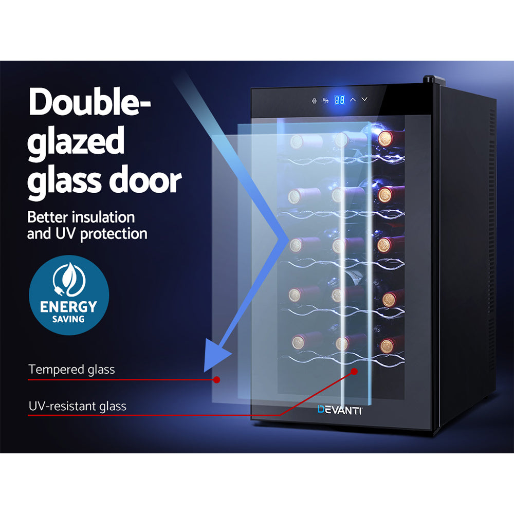 Devanti Wine Fridge  Cooler 18 Bottles Glass Door Beverage Cooler Thermoelectric Fridge Black