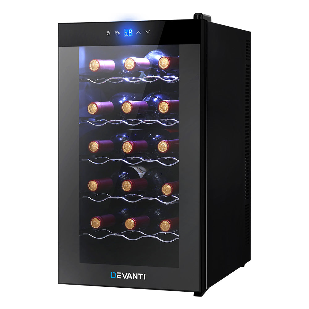 Devanti Wine Fridge  Cooler 18 Bottles Glass Door Beverage Cooler Thermoelectric Fridge Black