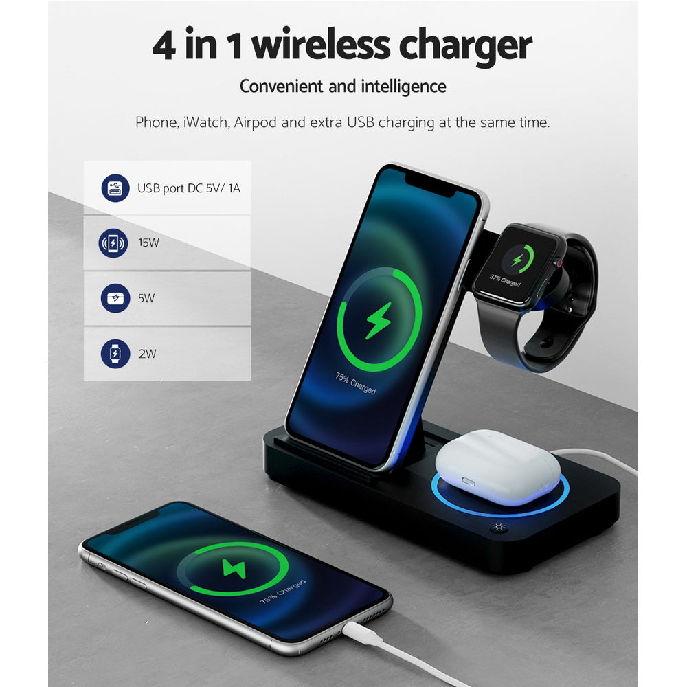 Black colour - 4-In-1 Wireless Charger Station Fast Charging For Phone Black