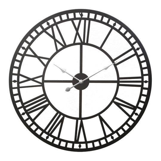 60Cm Wall Clock Large Roman Numerals Metal Black, Black colour