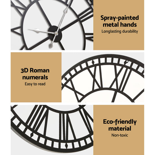 60Cm Wall Clock Large Roman Numerals Metal Black - Extra Modern Silent Ticking