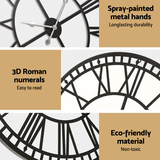 80Cm Wall Clock Large Roman Numerals Metal Black - Extra Modern Silent Ticking