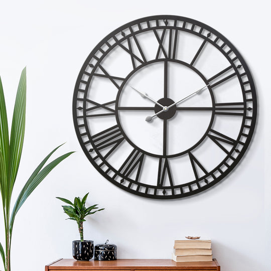 80Cm Wall Clock Large Roman Numerals Metal Black, Black colour
