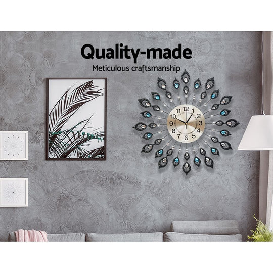 60Cm Wall Clock Large 3D Peacock Crystal Silver - Extra Modern Silent Ticking