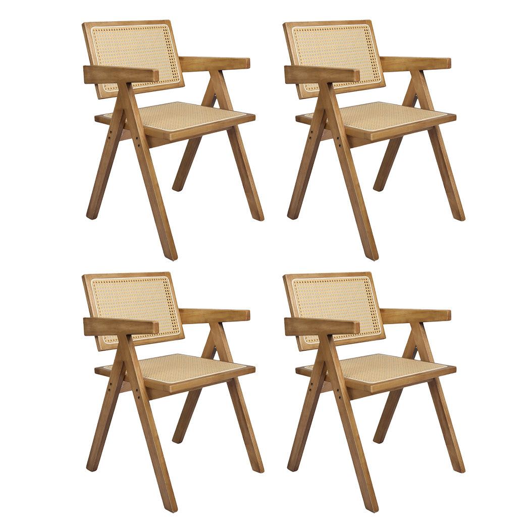Wood finish - Compact 4x Dining Chair Solid Wood Rattan  Space-Saving Design