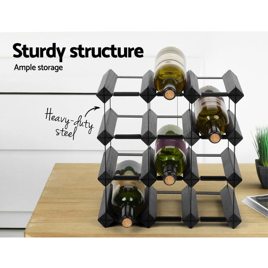12 Bottle Wine Rack Black Compact Storage Holder - Artiss Timber Wooden Wall