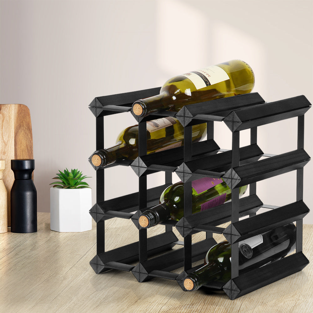 12 Bottle Wine Rack Black Compact Storage Holder