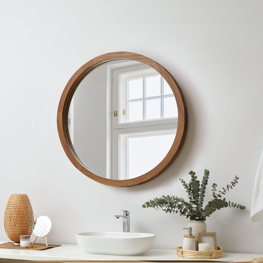 Round Wall Mirror 50cm Walnut Vanity Decor | Wall Mirror