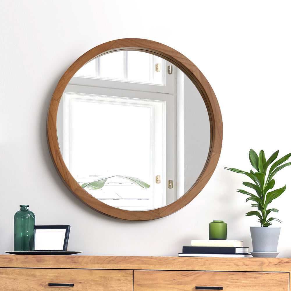 Round Wall Mirror 50cm Walnut Vanity Decor | Simpledeals