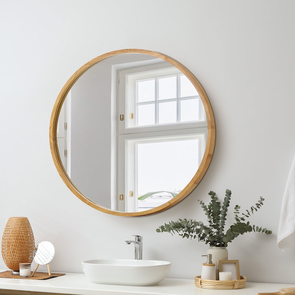 Round Wall Mounted Mirror with Wood Frame
