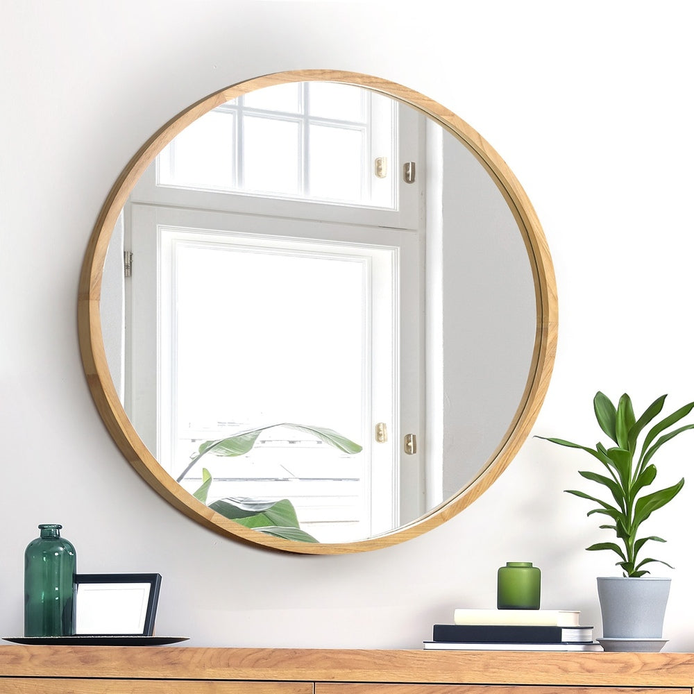 Round Wall Mounted Mirror with Wood Frame