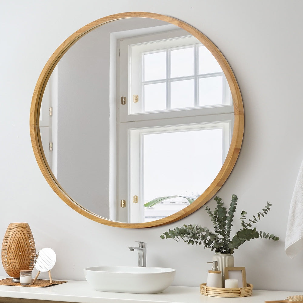 Round Wall Mounted Mirror with Wood Frame
