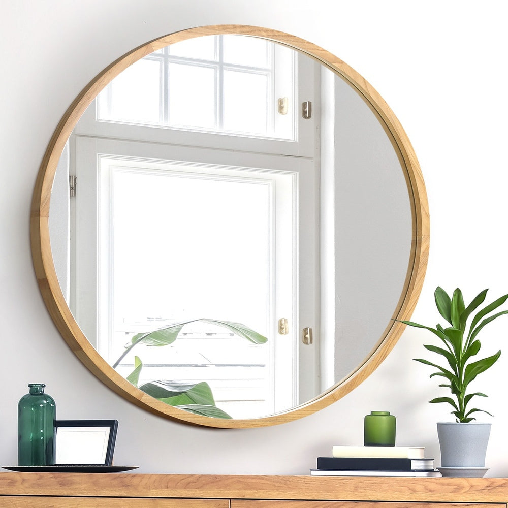 Round Wall Mounted Mirror with Wood Frame