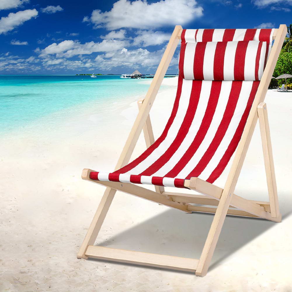 Outdoor Deck Chair Wooden Sun Lounge Folding Beach Patio Furniture Red
