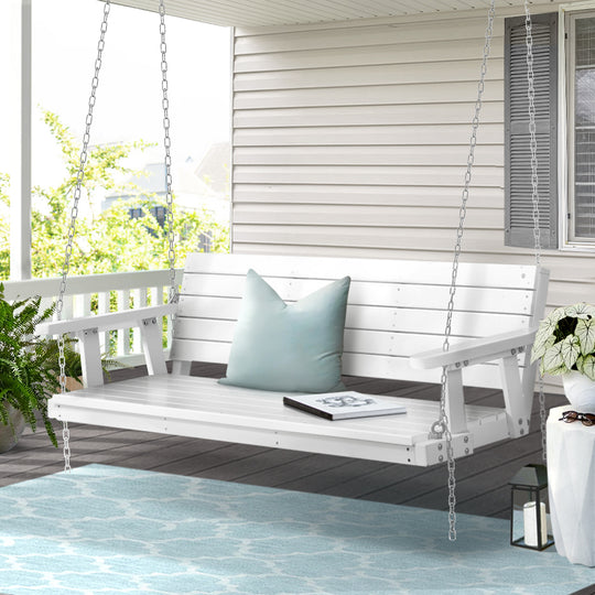 Outdoor Chairs - Porch Swing Chair With Chain Outdoor Furniture 3 Seater Bench Wooden White