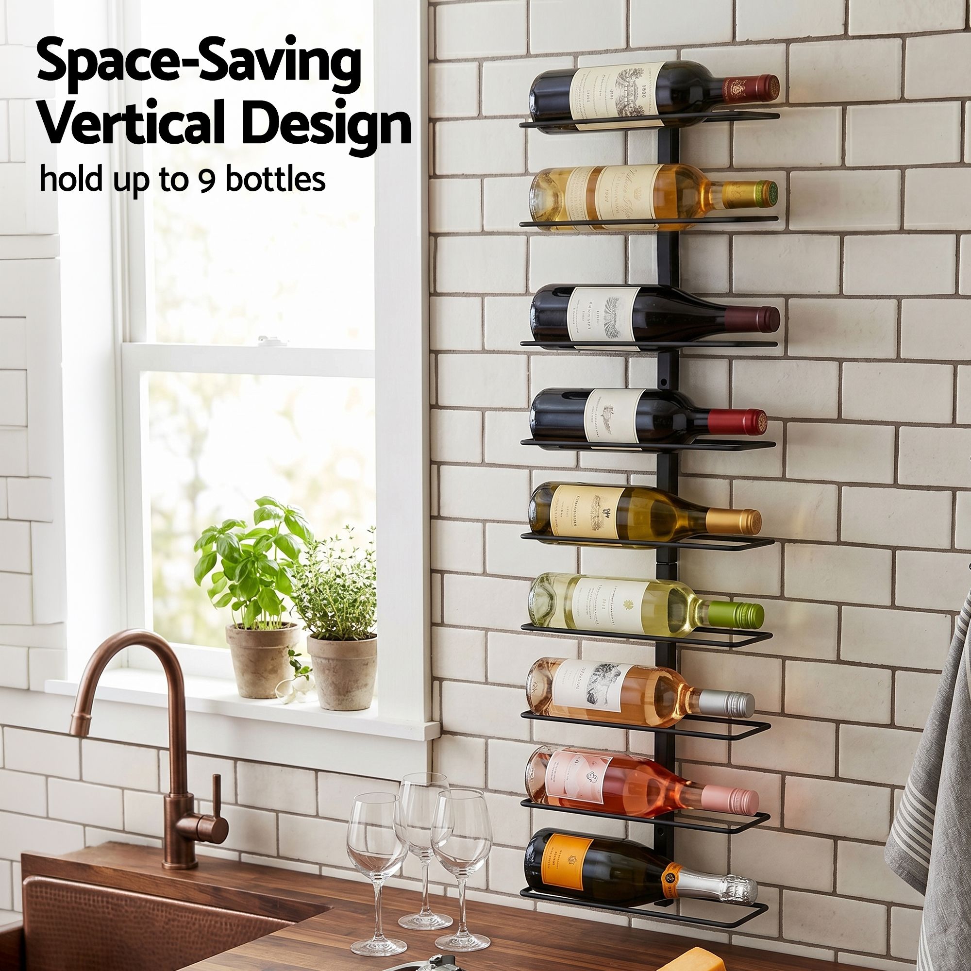 Wall Mounted Wine Rack 9 Bottle Metal Black | Simpledeals