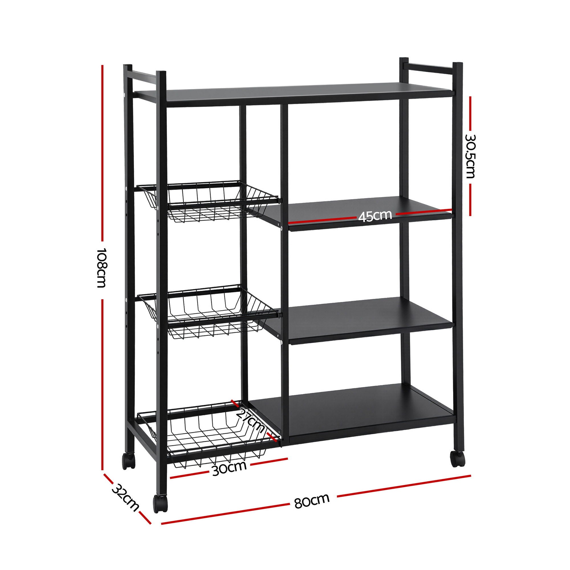 Kitchen Storage Rack Four Tier with Wheels and Three Basket