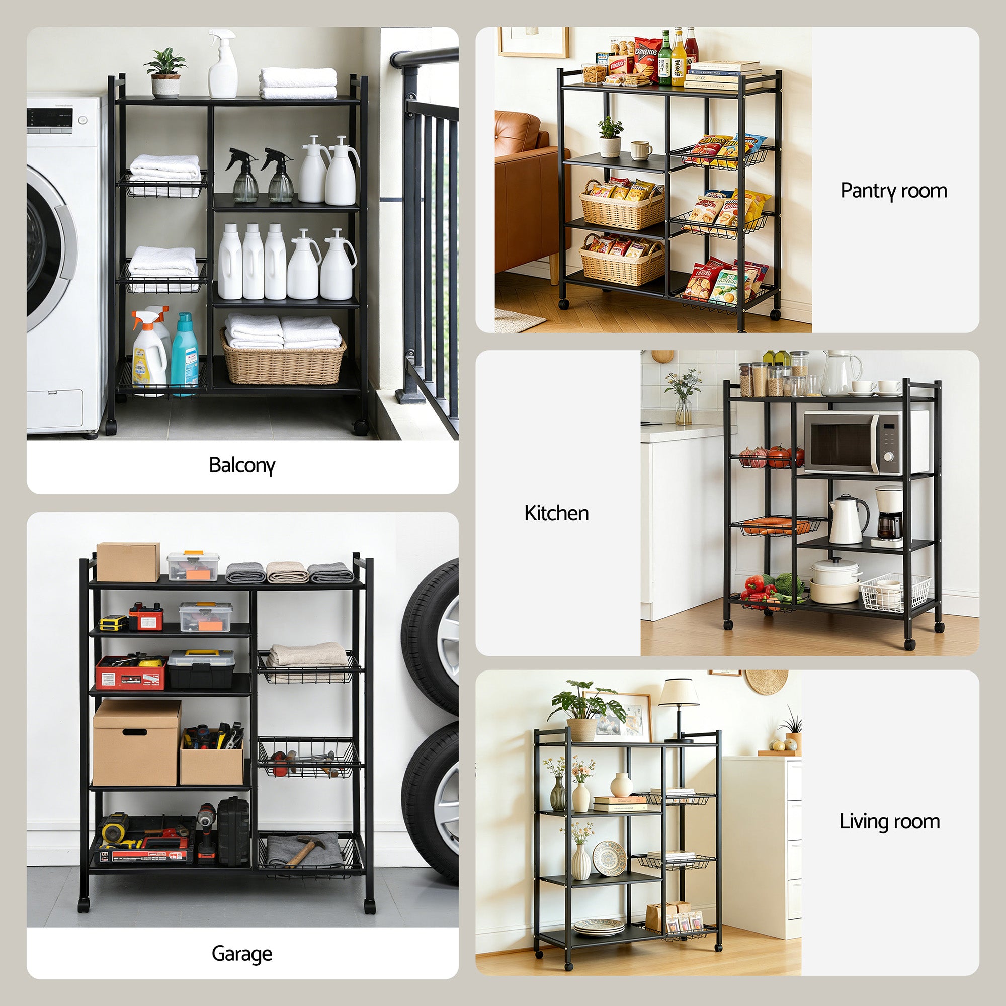 Kitchen Storage Rack Four Tier with Wheels and Three Basket
