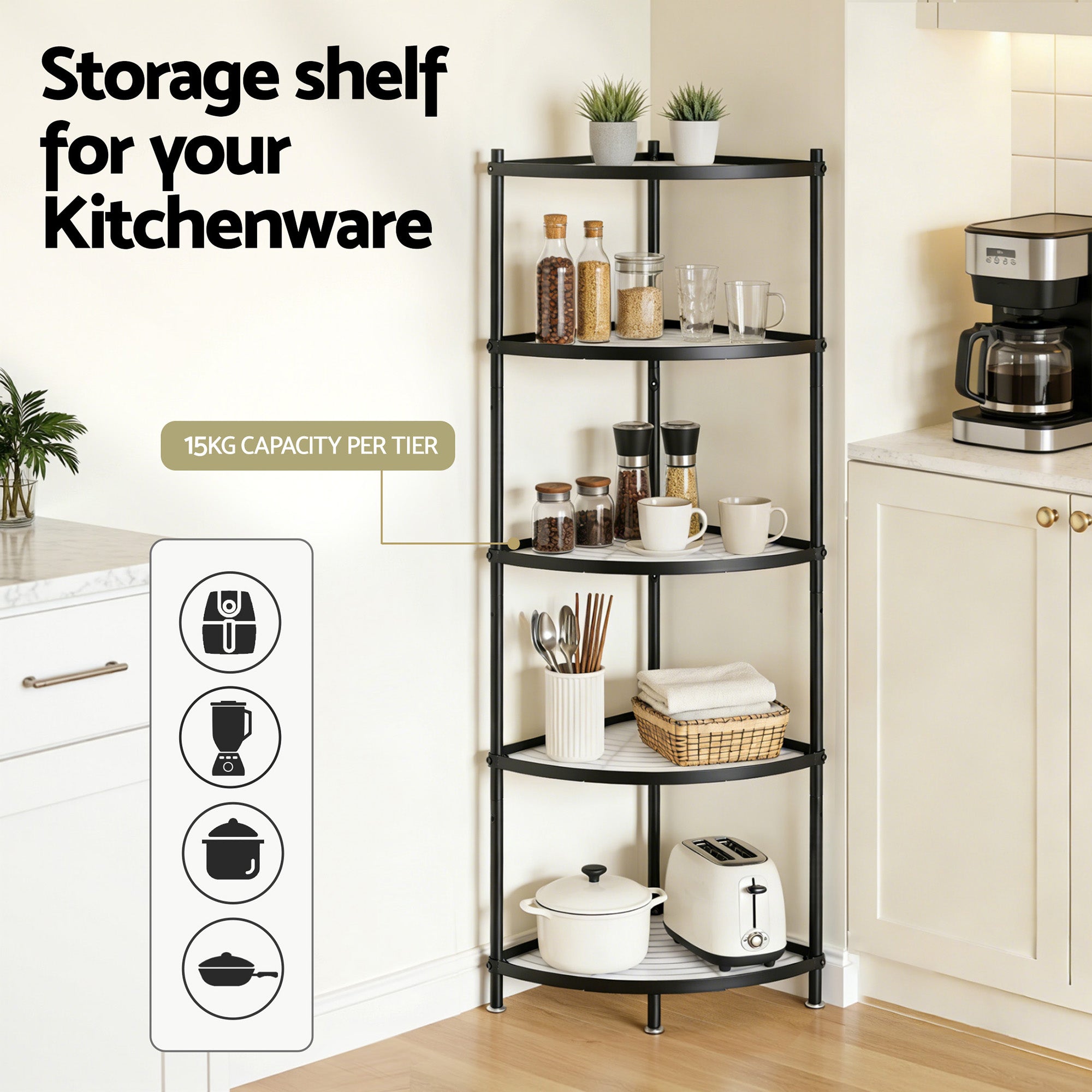 5-Tier Kitchen Corner Shelf Rack Metal Storage Stand Organizer
