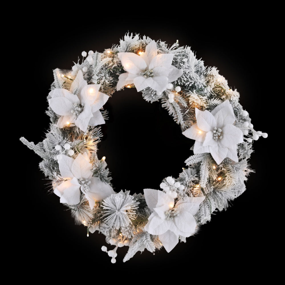 60cm Christmas Wreath LED Lights Snowy Flowers Garland Party Decor | 60Cm