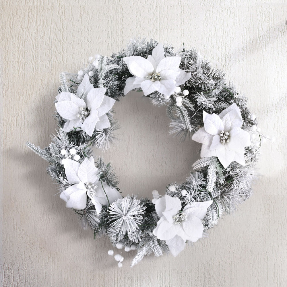 60cm Christmas Wreath LED Lights Snowy Flowers Garland Party Decor | Christmas Wreaths & Garlands