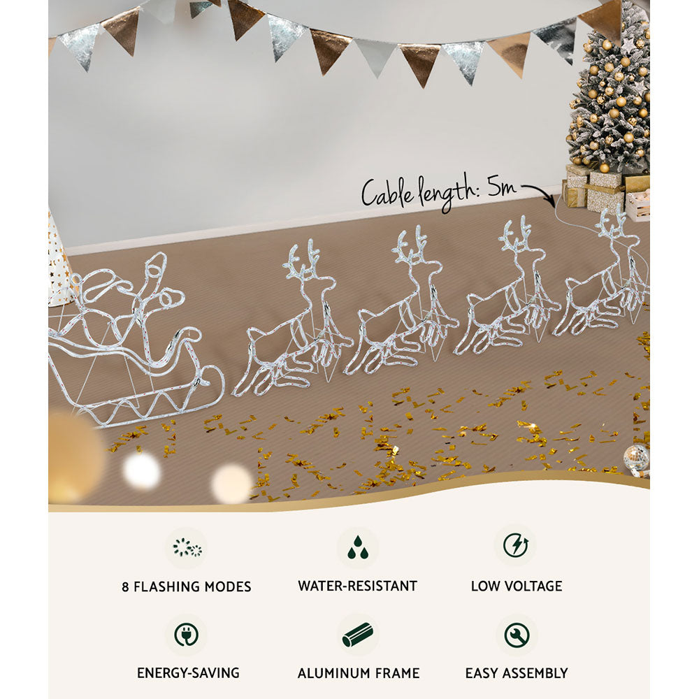 Christmas Lights 806 LED Fairy Light Reindeer Sleigh Decorations with Jingle Jollys Motif Rope