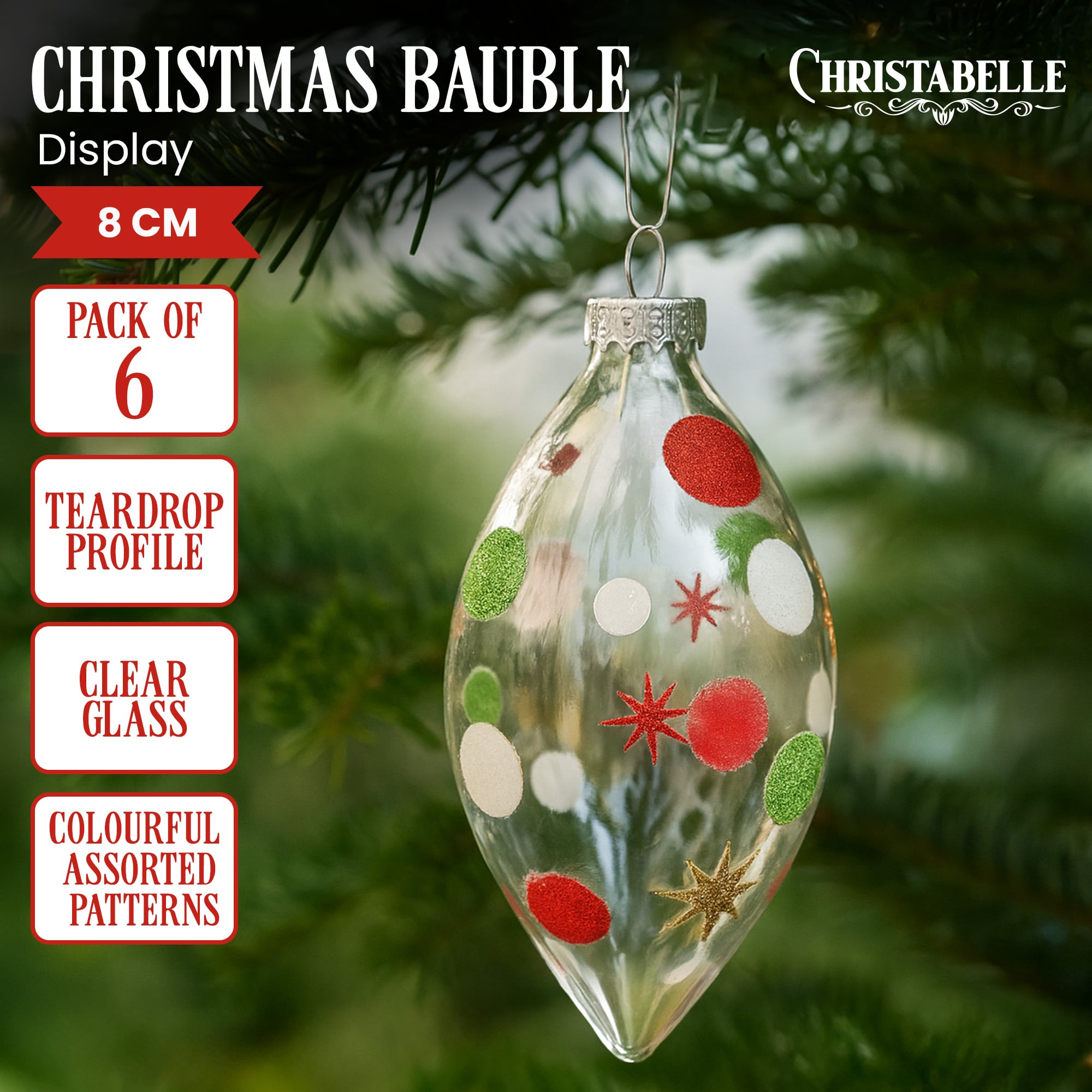 Glass Ornament - Christabelle Clear Glass Teardrop Baubles 6Pcs Balls Christmas Tree Decoration