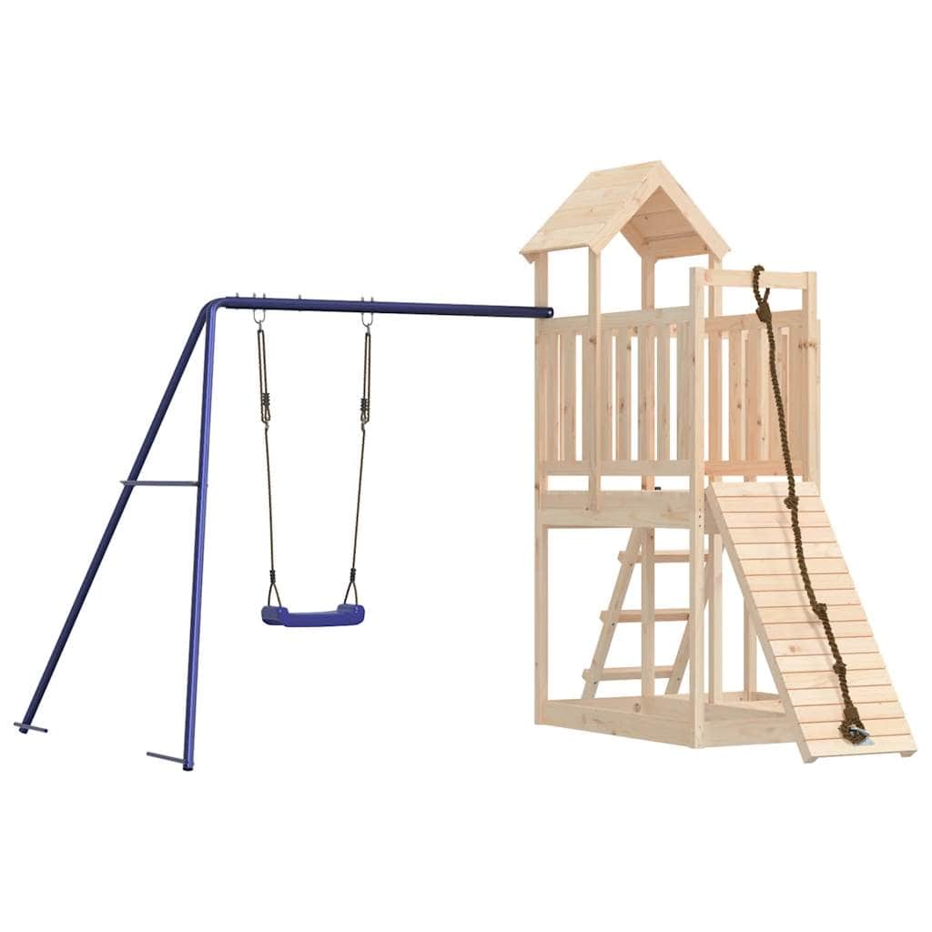 A Solid Wood Pine Playhouse featuring a Climbing Wall and Swing