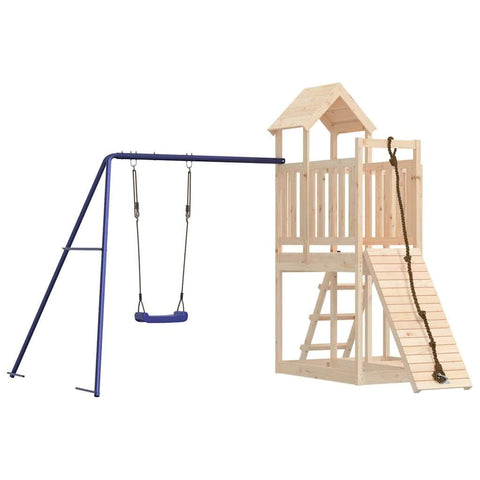 A Solid Wood Pine Playhouse featuring a Climbing Wall and Swing