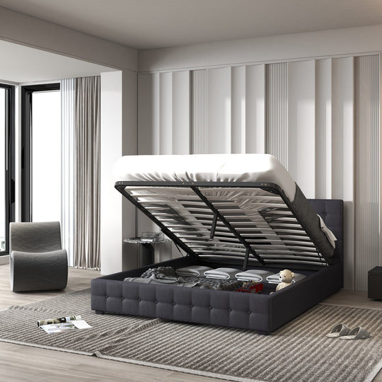 Modern style Luxury Gas Lift Bed Frame with Headboard- Dark Grey - idh
