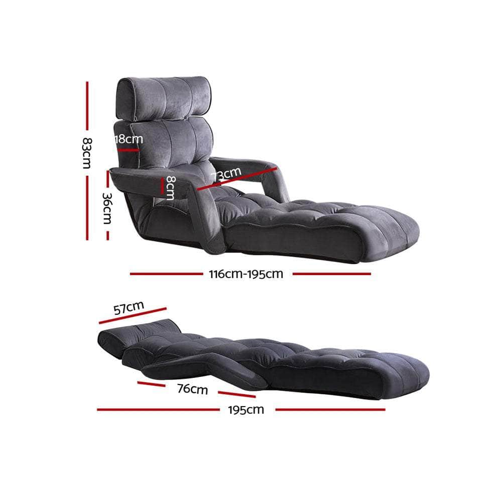 Floor Lounge Sofa With Armrest Flocking Fabric Charcoal, Artiss Adjustable Arms Arm