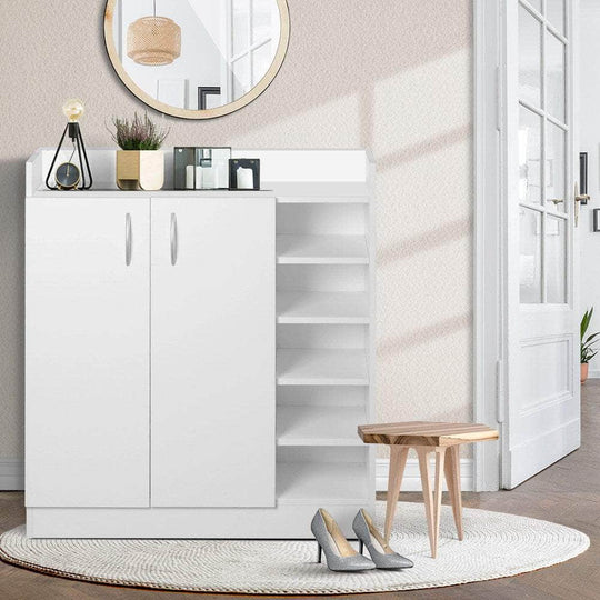 Adjustable White Shoe Rack Cabinet Holds 21 Pairs