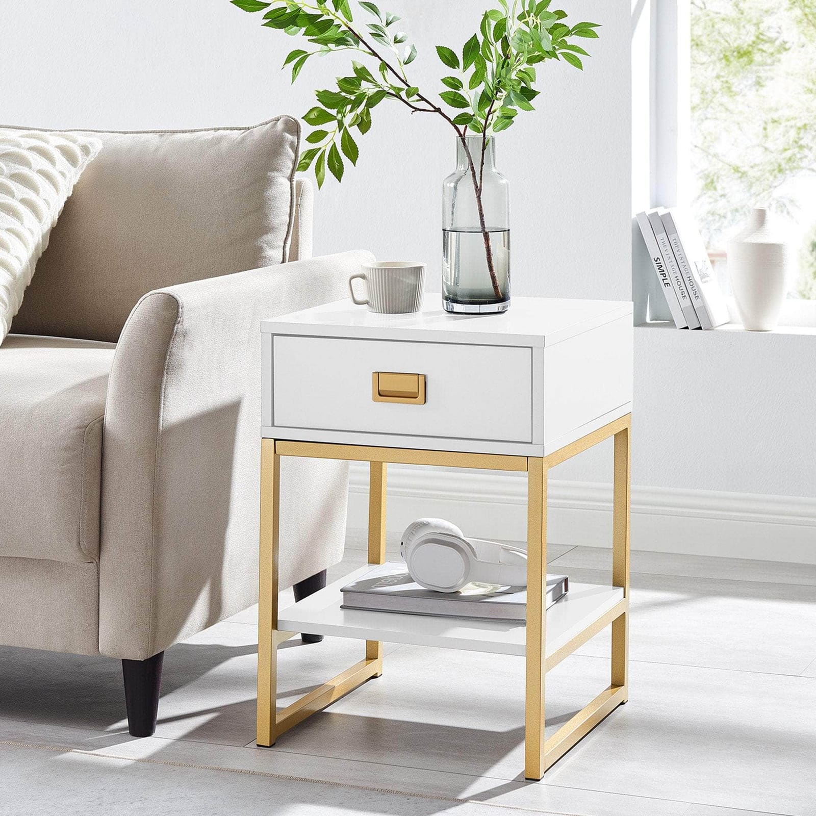 Alessia Bedside Table - White/Gold - White colour