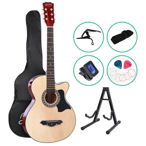 38 Inch Acoustic Guitar Wooden Body Steel String Full Size W/ Stand Wood