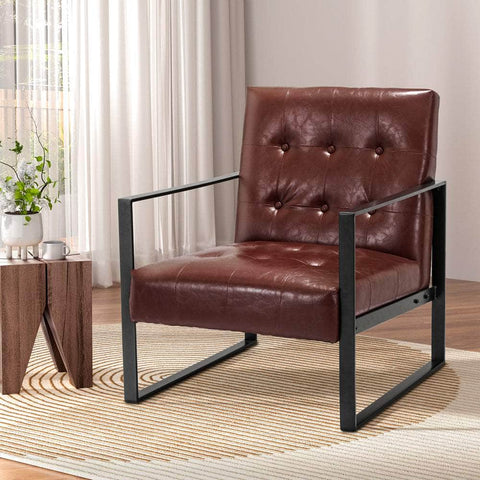 Armchair Lounge Chair Accent Chairs PU Leather Sofa Brown Metal Frame