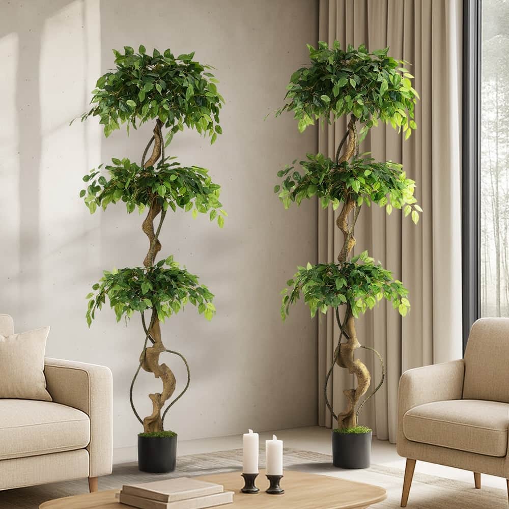Artificial Ficus Tree 2 Pack 180cm Twisted Faux Potted Plant Indoor Décor