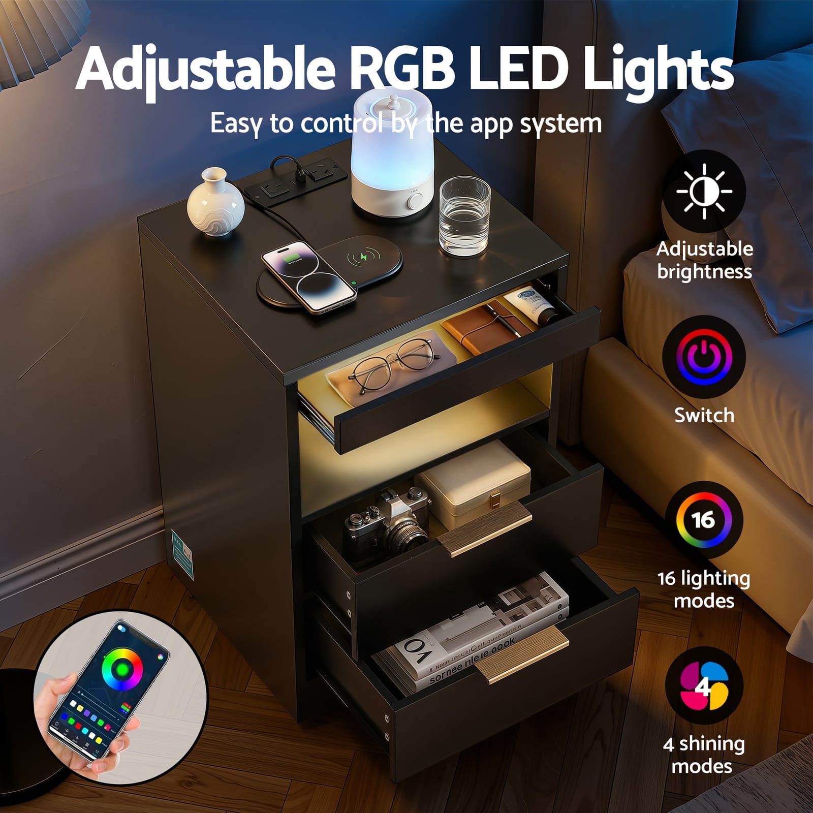 Bedside Table LED Nightstand Charging Station | Simpledeals
