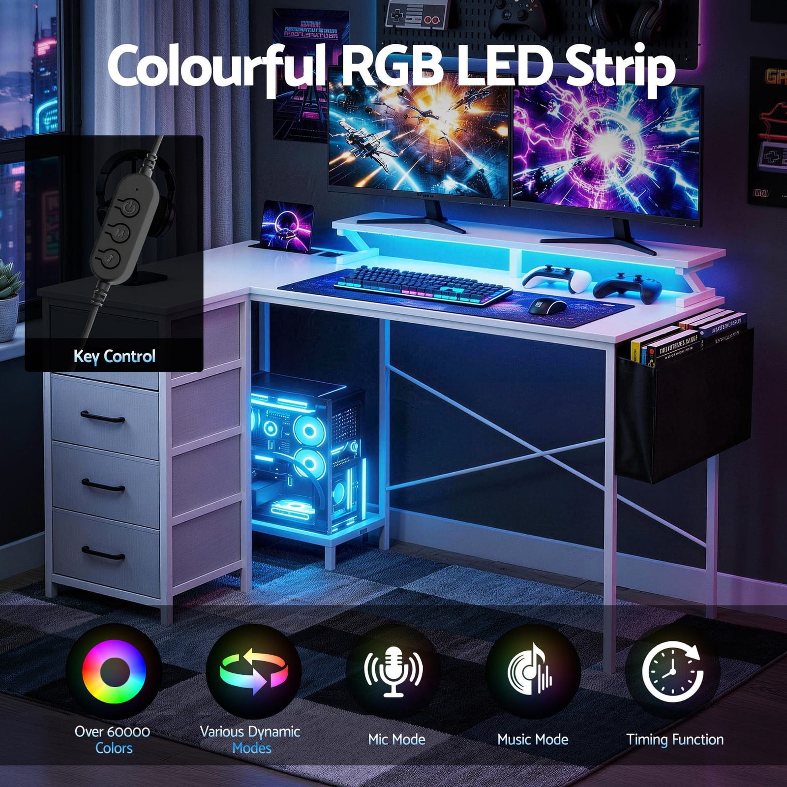 140cm L Shaped Gaming Desk LED Lights | Furniture