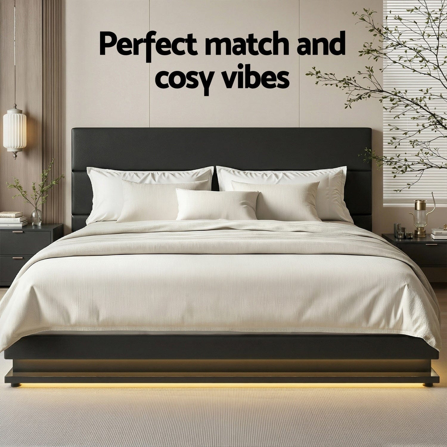 King LED Gas Lift Bed Frame Black PVC Leather Storage Bed with LED Lights