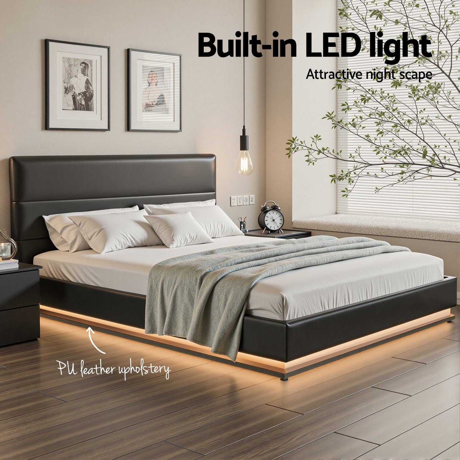 Queen LED Gas Lift Bed Frame Black PVC Leather Storage Bed with LED Lighting