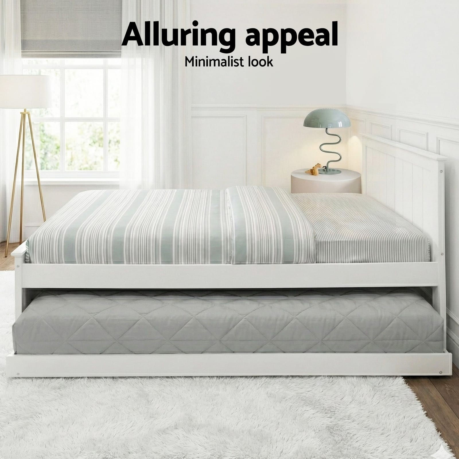King Single Wooden Trundle Bed Frame White with Storage Slats, Beds & Bed Frames